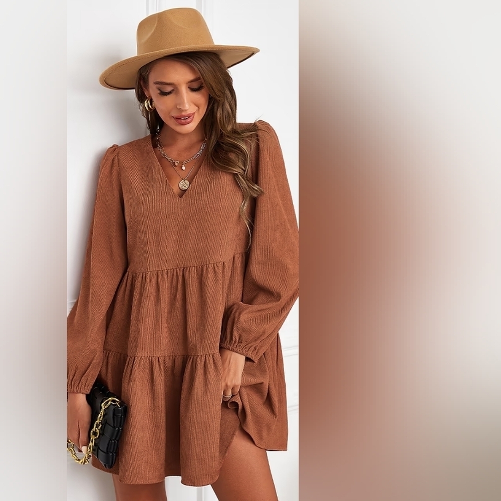 NWT Medium Cupshe Burnt Orange Brown Bernadette V-Neck Tiered Mini Dress